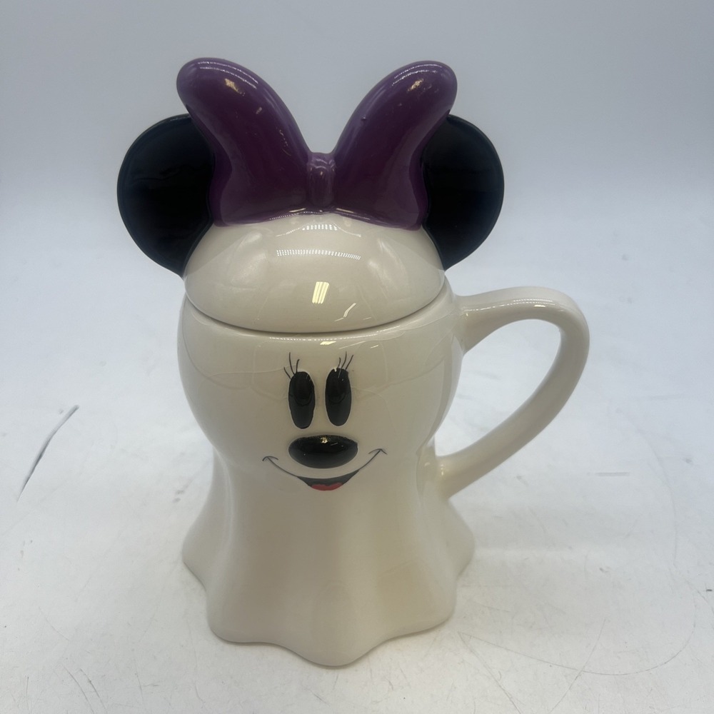 Disney Minnie Mouse Ghost Halloween Ceramic Mug Cup with Topper‎ Lid Used